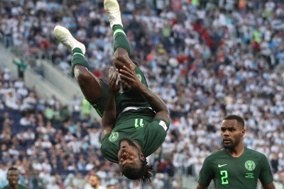Victor Moses somersaults after scoring an equalizer in Nigeria's clash with Argentina in St Petersburg on June 26.