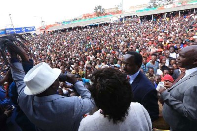 Nasa leaders Raila Odinga (in white hat) and Kalonzo Musyoka (in blue) at a rally in Kitui on July 10, 2018.