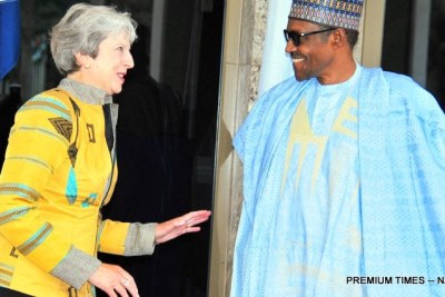 President Muhammadu Buhari welcoming the visiting British Prime Minister, Theresa May at the Presidential Villa in Abuja on Wednesday.