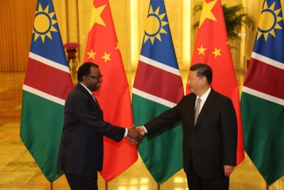 President Hage Geingob of Namibia with Chinese President Xi Jinping following their bilateral meeting during the Forum on China–Africa Cooperation in Beijing.