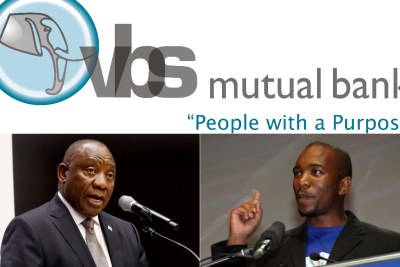 Top: VBS Mutual Bank logo. Bottom-left: President Cyril Ramaphosa. Bottom-right: DA leader Mmusi Maimane.