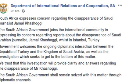 The South African Department of International Relations and Cooperation's Facebook statement about the disappearance of Saudi journalist Jamal Khashoggi.