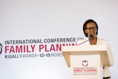 First Lady Mrs Jeannette Kagame addresses delegates at the 5th International Conference on Family Planning luncheon in Kigali.