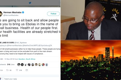 Left: The controversial tweet by Herman Mashaba. Top-right: Johannesburg Mayor Herman Mashaba. Bottom-right: Johannesburg skyline.