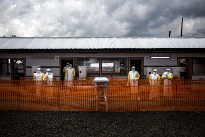 Health workers are seen inside the red zone at a newly build MSF supported ebola treatment centre(ETC) in Bunia.