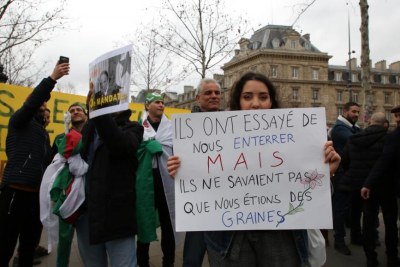 Algerians protest at Paris' 'Place de la Republique' against a fifth mandate by octagenarian President Bouteflika