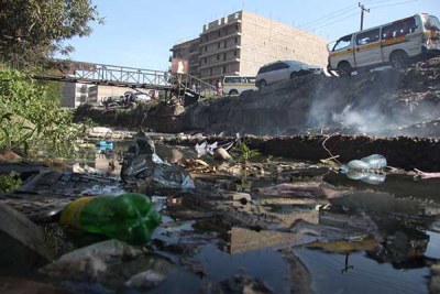 Garbage floats in Nairobi River on February 2, 2019.