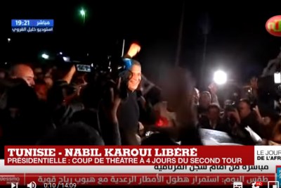 Tunisian presidential candidate and media mogul Nabil Karoui leaves prison on October 9, 2019.