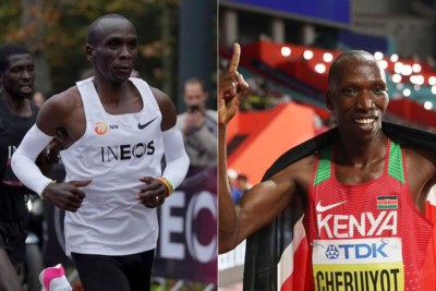 From left to right - World marathon record holder Eliud Kipchoge and World 1500m champion Timothy Cheruiyot.