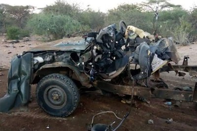 The extensively damaged Toyota Land Cruiser.