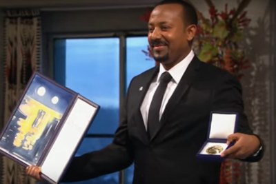 Ethiopian Prime Minister Abiy Ahmed with his Nobel Peace Prize on December 10, 2019.
