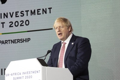 UK Prime Minister Boris Johnson speaking at the opening of the UK-Africa Investment Summit, in London, January 20, 2020.