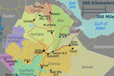 A map showing the regions of Ethiopia.