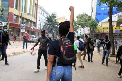 Protestors take part in Saba Saba demonstrations along Muindi Mbingu Street, Nairobi on July 7, 2020.