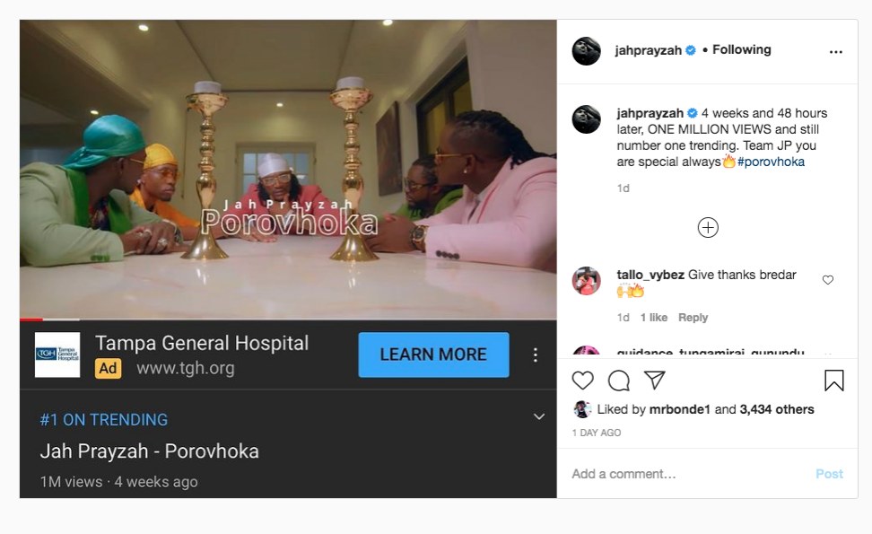 Zimbabwean Musician Jah Prayzah S Porovhoka Reaches 1m Views Allafrica Com