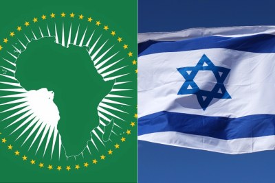 The African Union logo, left and the Israeli flag.