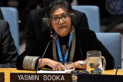 Yasmin Sooka, who chairs the UN Human Rights Council's Commission on Human Rights in South Sudan, addresses a UN Security Council session in 2020 on the topic of 