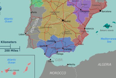 A map showing Spain and its two enclaves (Melilla and Ceuta) in Morocco.