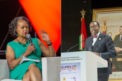 Florie Liser, President and CEO of the Corporate Council on Africa and Dr. Akinwumi A. Adesina, President of the African Development Bank, addressing the U.S.-Africa Business Summit ion Marrakesh.