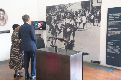 U.S. Secretary of State Anthony Blinken on his first day in South Africa August 7, 2022 visiting the Hector Pieterson Museum commemorating young South Africans killed while protesting apartheid in 1976.