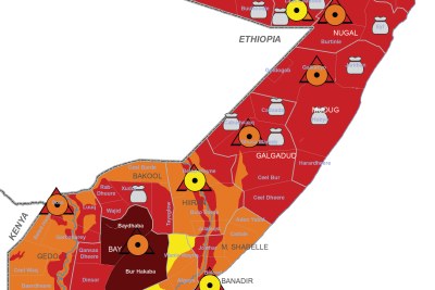 About 6.7 million people across Somalia are expected to face high levels of acute food insecurity between October and December 2022. The darker the shading on this map, the more serious the crisis.