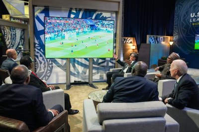 U.S. President Joe Biden watched the 2022 World Cup match between Morocco and France with Prime Minister Akhannouch of Morocco, front, Nigeria President Muhammadu Buhari, middle right.