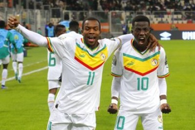 Les Lions du Sénégal célébrant leur qualification en final de CHAN 2023