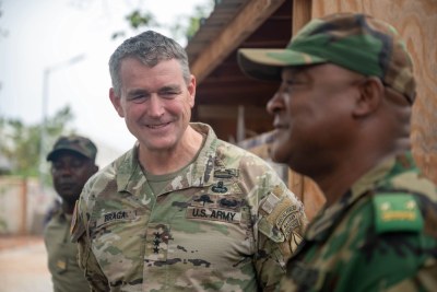 U.S. Army Special Operations commander Lt. Gen. Jonathan Braga, meets with Brig. Gen. Moussa Barmou, Niger Special Operations Forces commander, to discuss anti-terrorism policy and tactics throughout the region, at Air Base 101, Niger, June 12, 2023