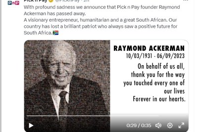 Pick N Pay announces the death of Raymond Ackerman, September 7, 2023.